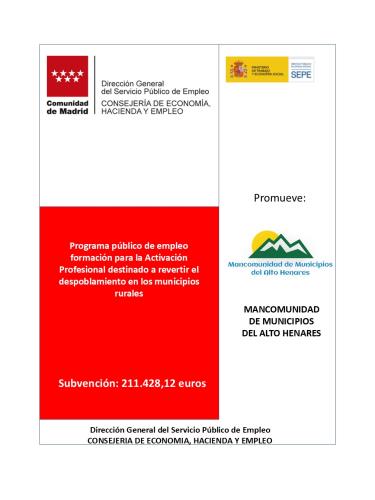 Mancomunidad de municipios del Alto henares ha recibido subvención programa público de empleo-formación para la Activación Profesional.